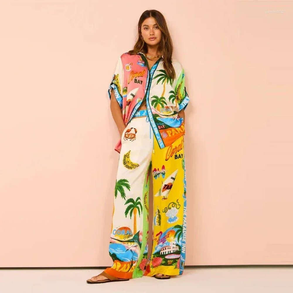 PARADISE INN 2-piece SMALL Tropical Travel Resort pull on pants/button-up top